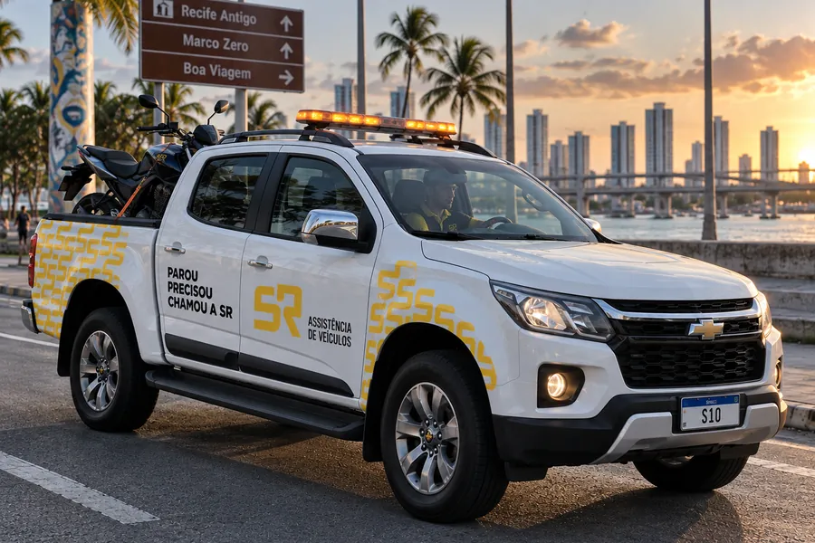 S10 de assistência da SR transportando uma motocicleta na caçamba, com sinalizador ligado