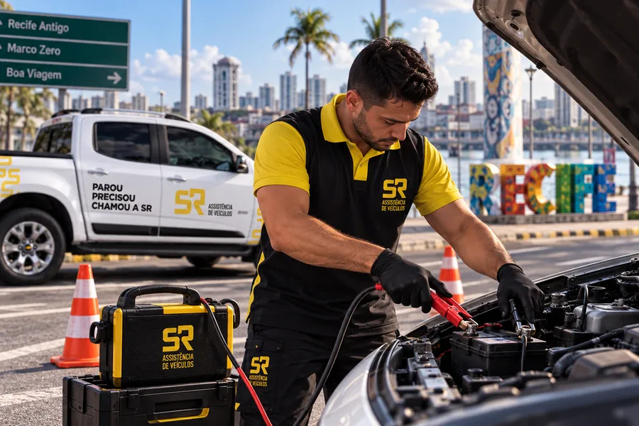 Técnico da SR ligando cabos de chupeta na bateria de um veículo com o capô aberto, com a S10 de assistência ao fundo