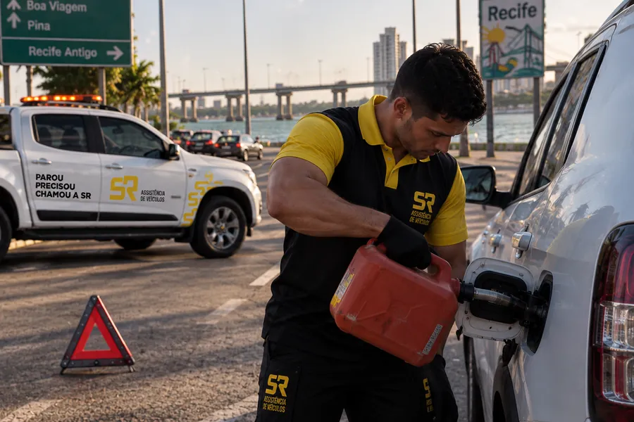 Técnico da SR abastecendo um veículo com galão de combustível na via, com o triângulo de sinalização e a S10 de assistência ao fundo