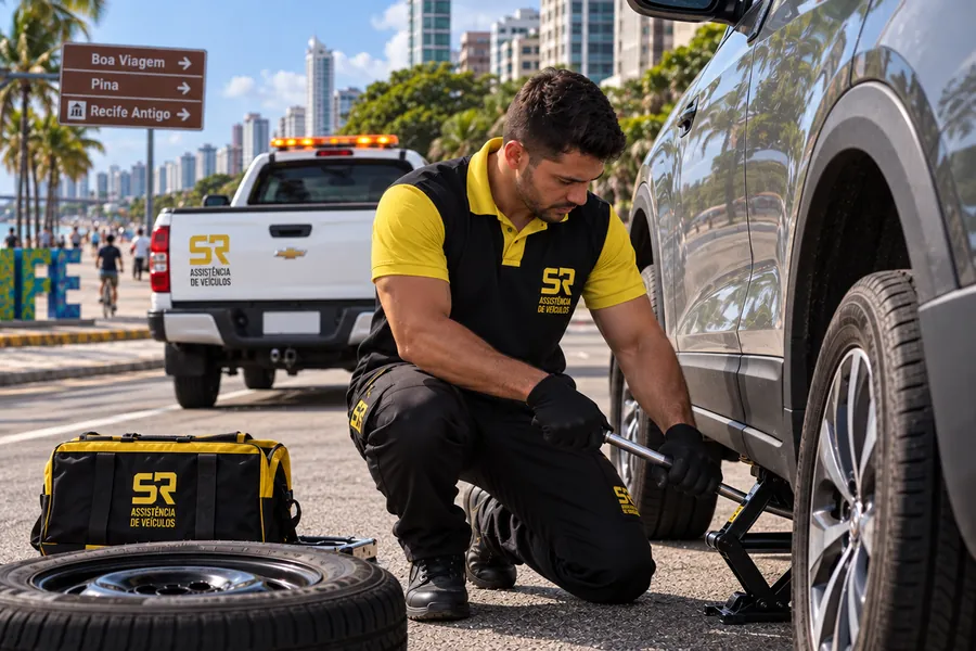 Técnico da SR agachado trocando o pneu de um veículo na via, com a S10 de assistência ao fundo